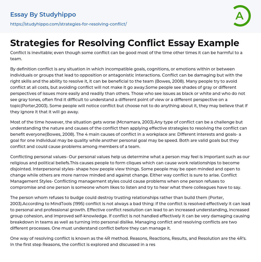Strategies for Resolving Conflict Essay Example