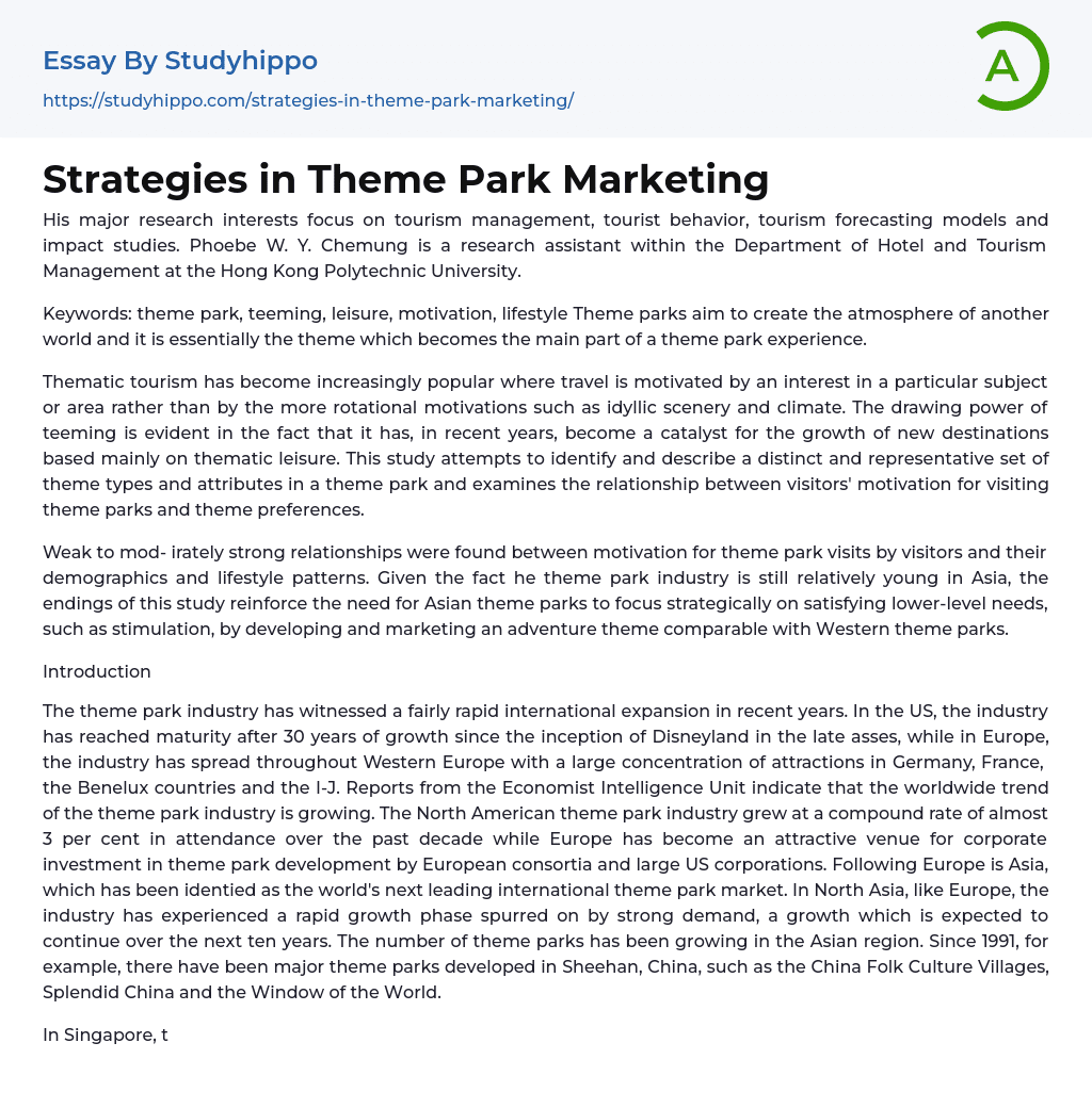 Strategies in Theme Park Marketing Essay Example
