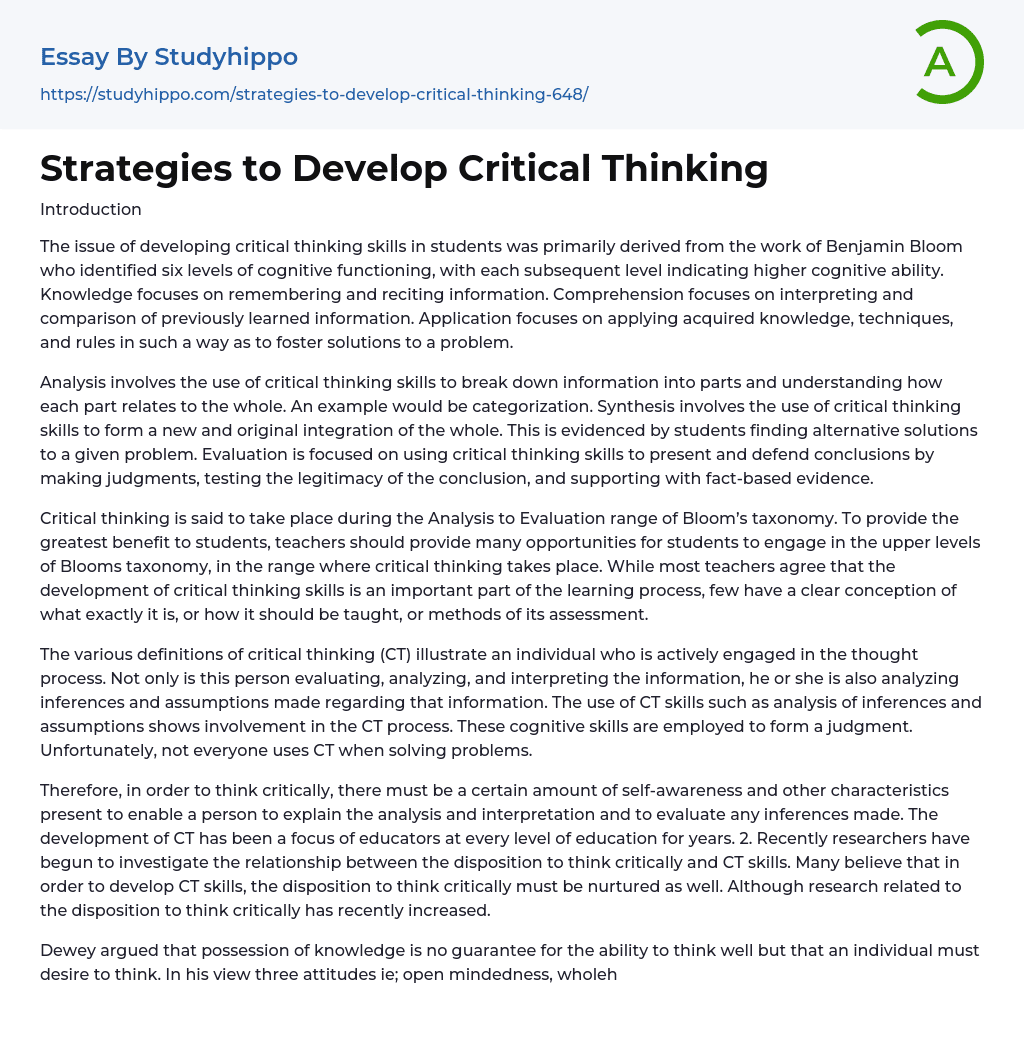 Strategies to Develop Critical Thinking Essay Example
