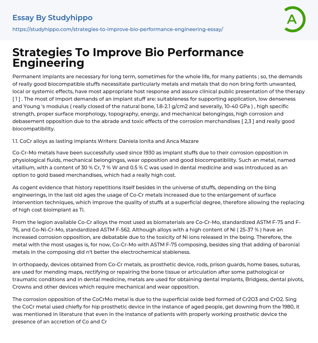 Strategies To Improve Bio Performance Engineering Essay Example