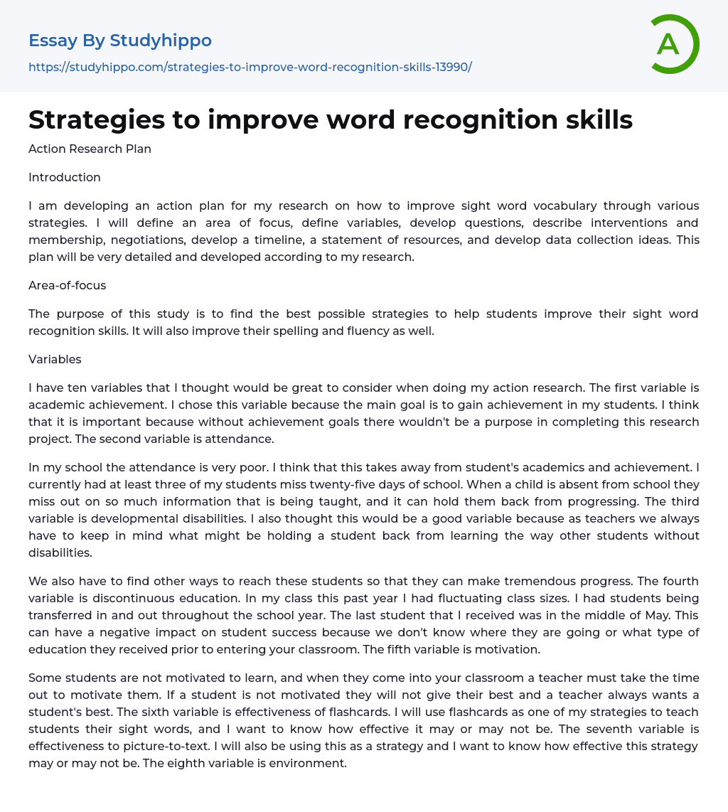 Strategies to improve word recognition skills Essay Example