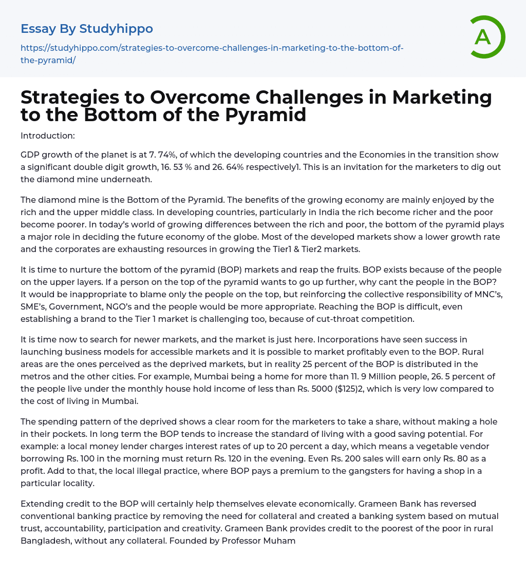 Strategies to Overcome Challenges in Marketing to the Bottom of the Pyramid Essay Example