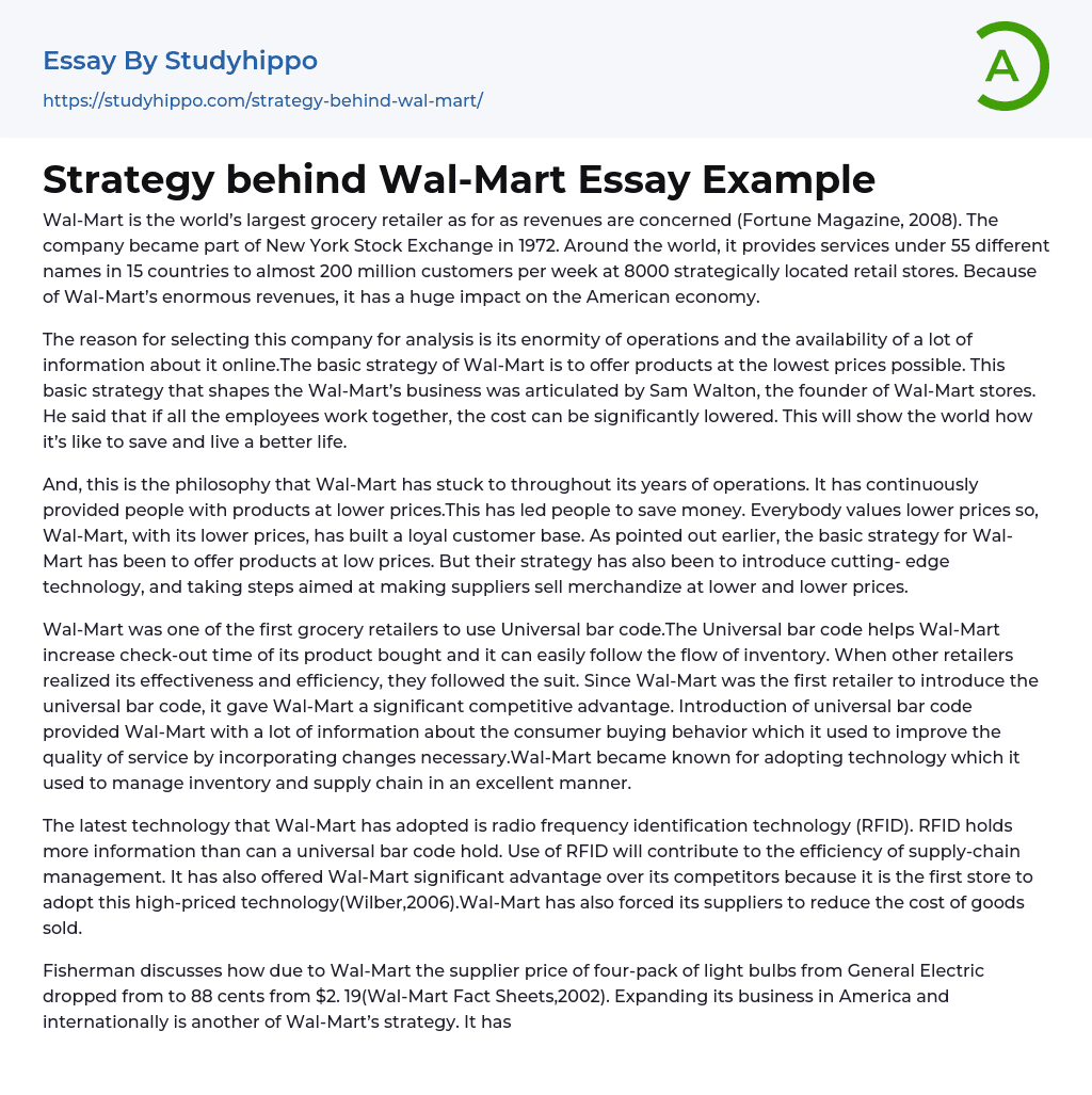 Strategy behind Wal-Mart Essay Example