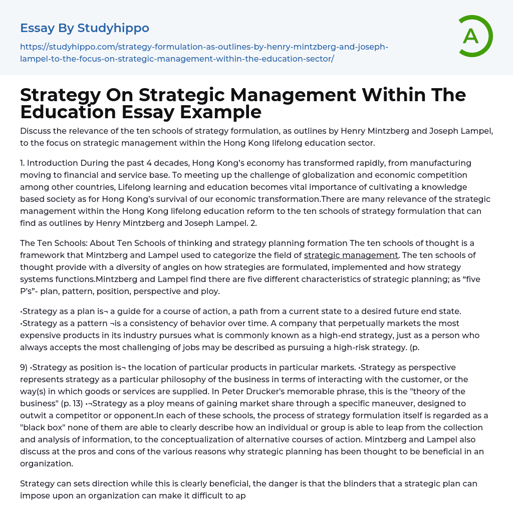 Strategy On Strategic Management Within The Education Essay Example