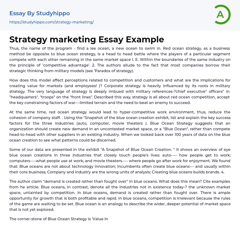 Strategy marketing Essay Example