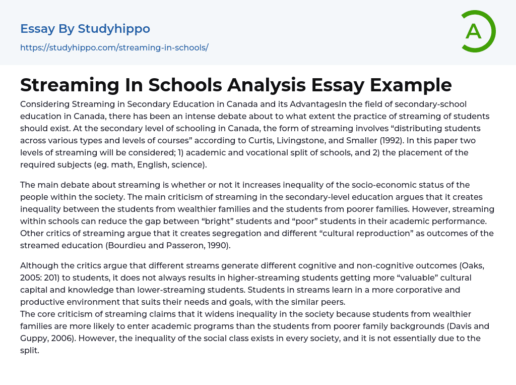 Streaming In Schools Analysis Essay Example