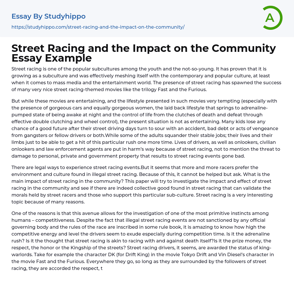Street Racing and the Impact on the Community Essay Example
