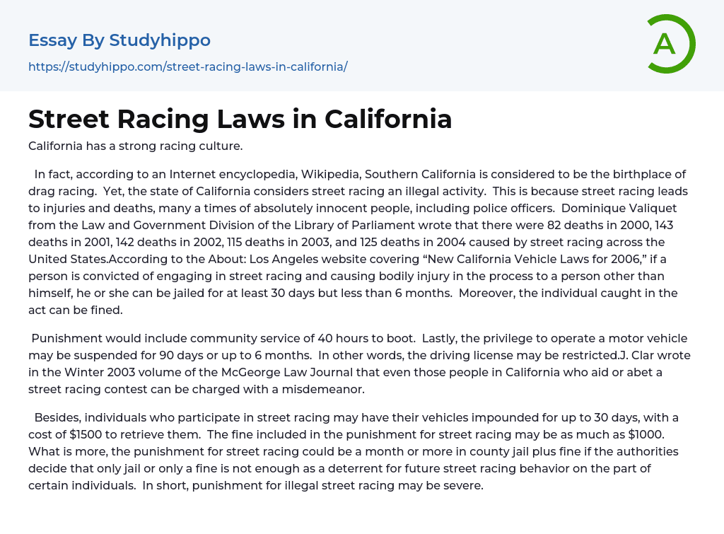 Street Racing Laws in California Essay Example