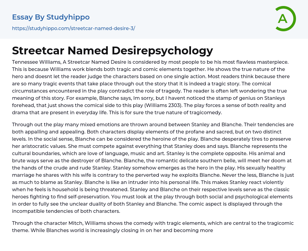 Streetcar Named Desirepsychology Essay Example