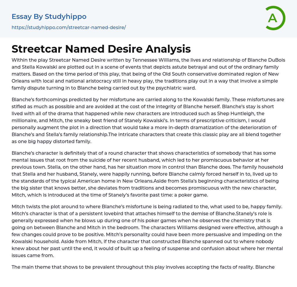 Streetcar Named Desire Analysis Essay Example