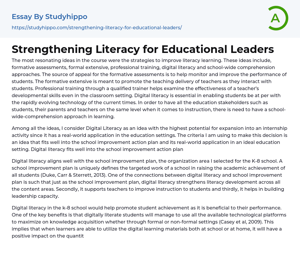 Strengthening Literacy for Educational Leaders Essay Example