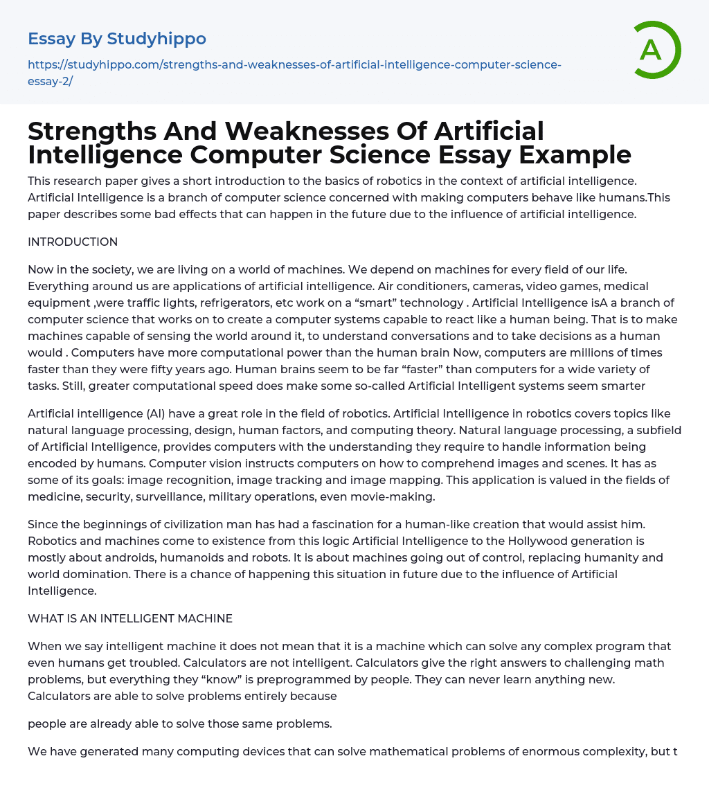 Strengths And Weaknesses Of Artificial Intelligence Computer Science Essay Example