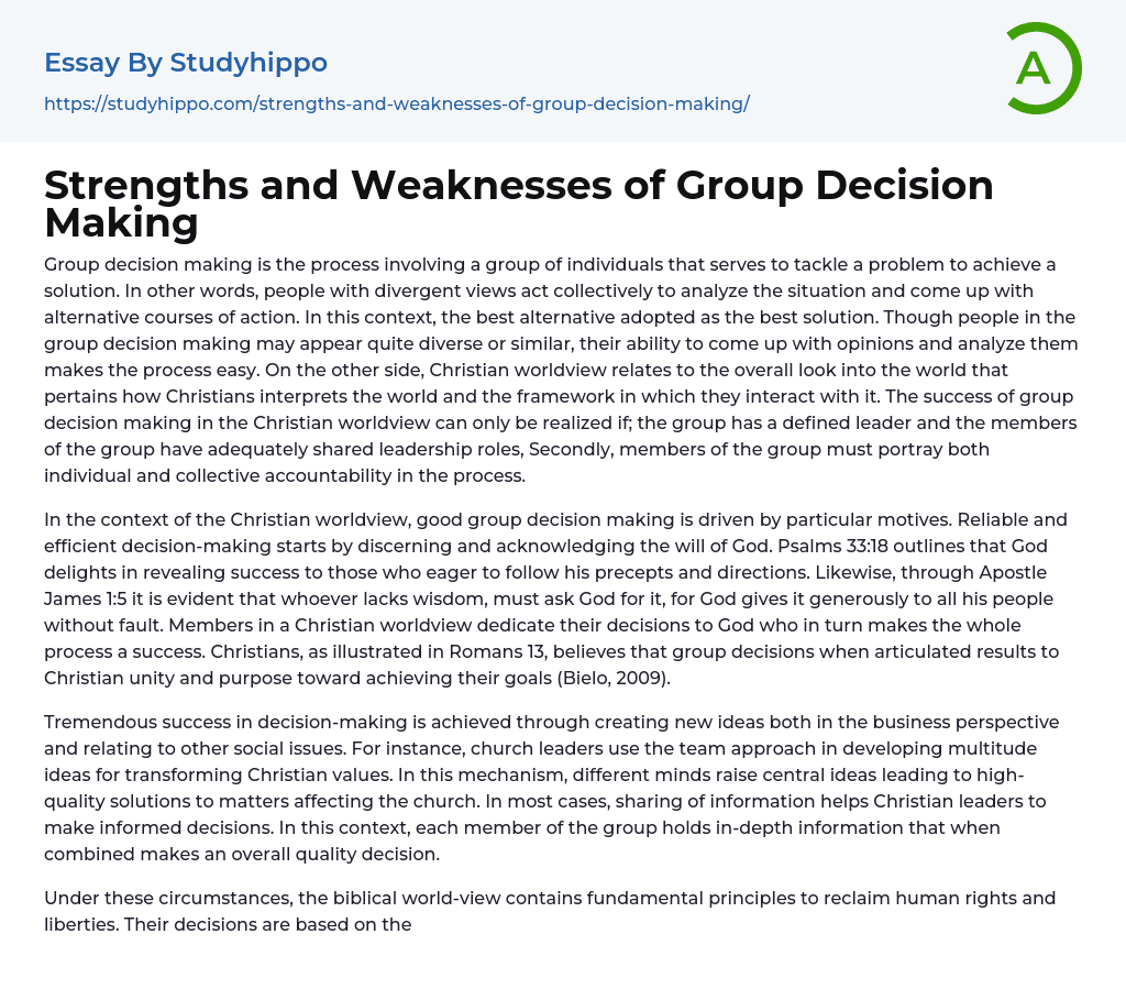 Strengths and Weaknesses of Group Decision Making Essay Example