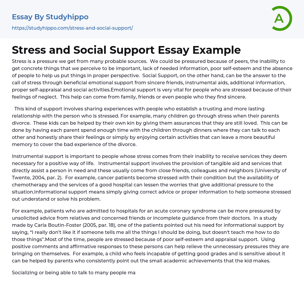 Stress and Social Support Essay Example