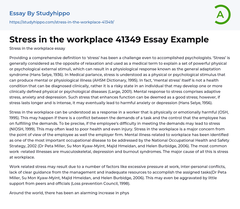 Stress in the workplace 41349 Essay Example