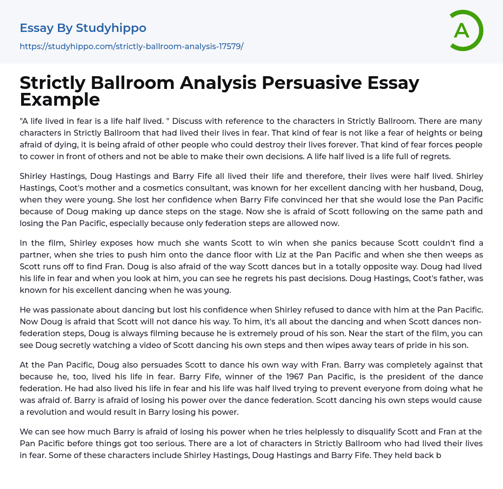 Strictly Ballroom Analysis Persuasive Essay Example