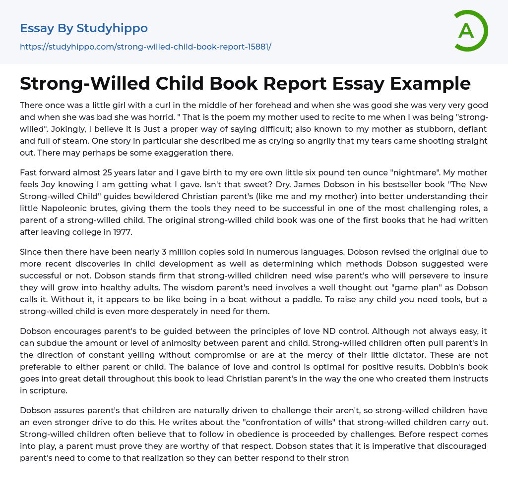 Strong-Willed Child Book Report Essay Example
