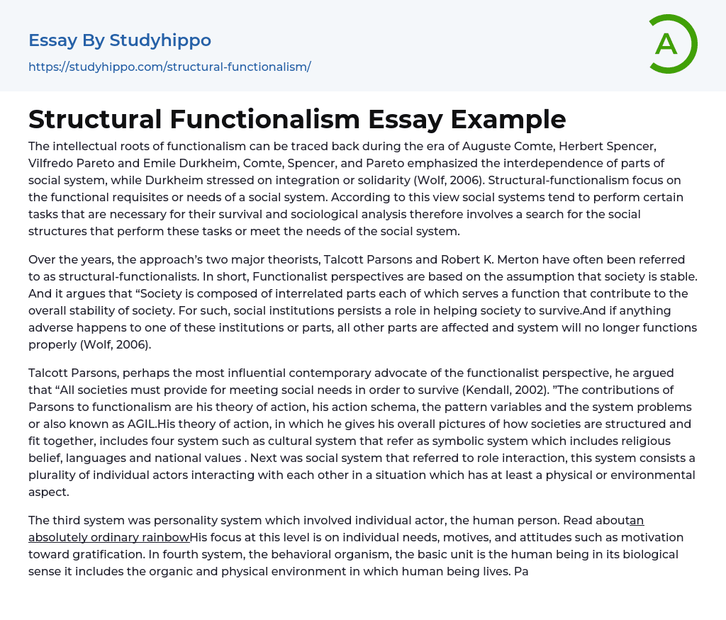 Structural Functionalism Essay Example