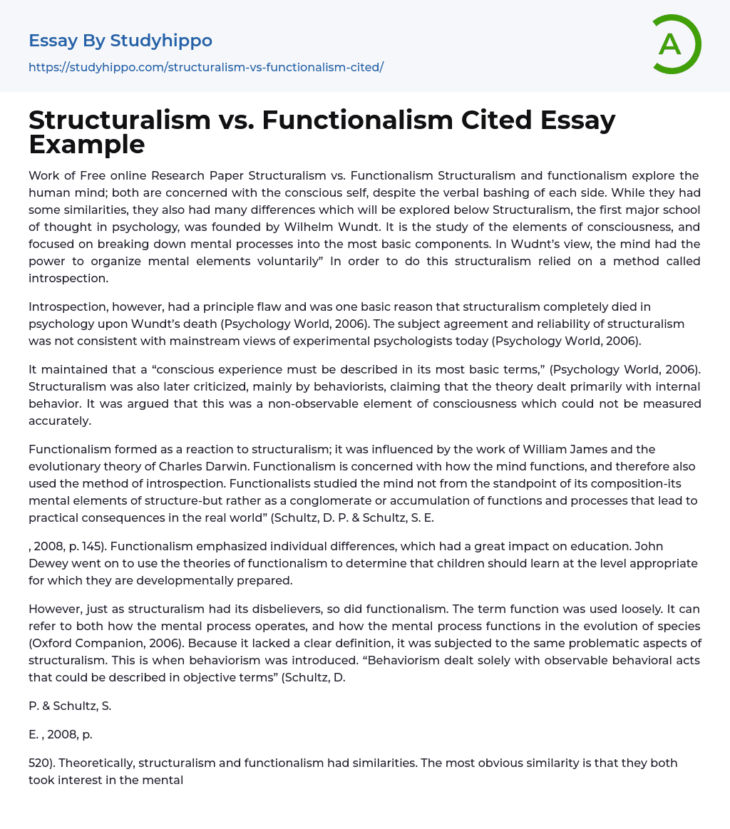 Structuralism vs. Functionalism Cited Essay Example