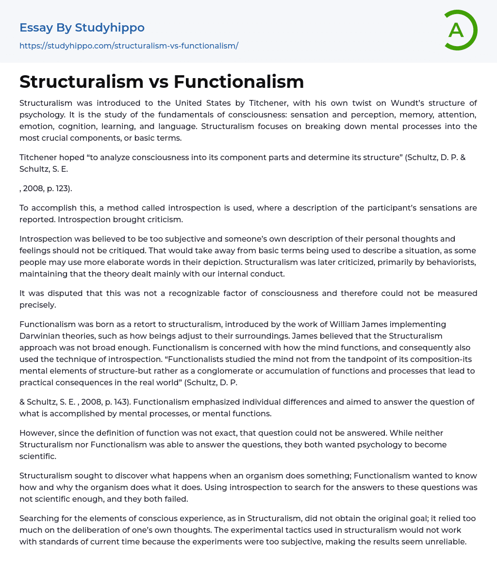 Structuralism vs Functionalism Essay Example