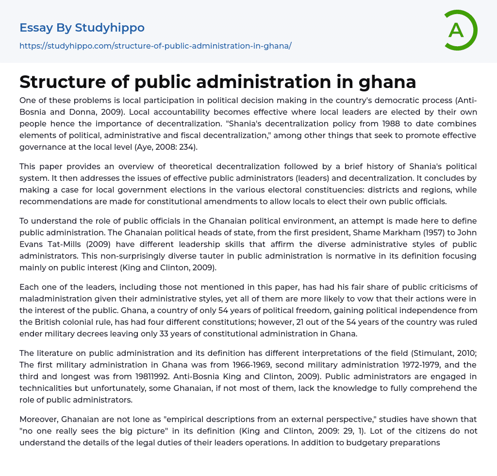 Structure of public administration in ghana Essay Example