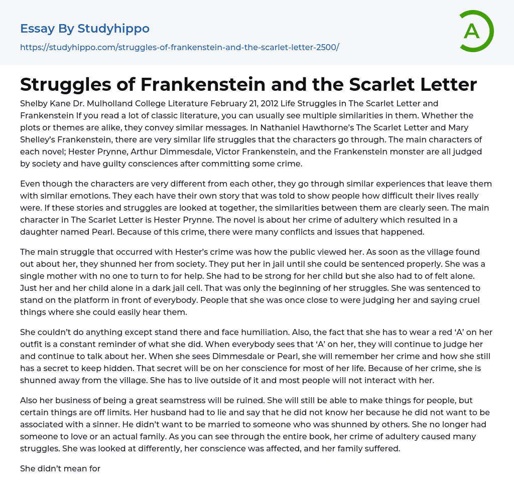 Life Struggles in “The Scarlet Letter” and “Frankenstein” Essay Example