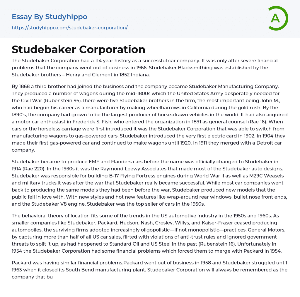 Studebaker Corporation Essay Example