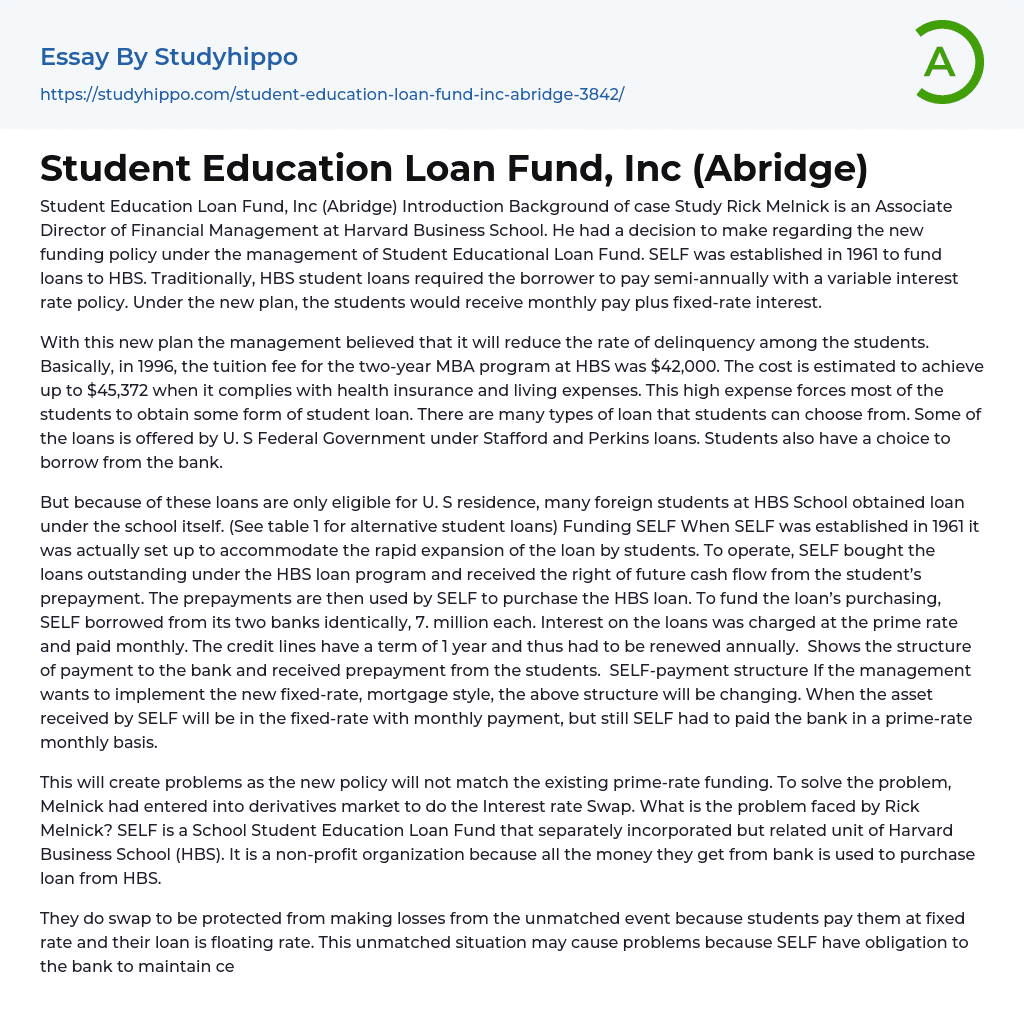 Student Education Loan Fund, Inc (Abridge) Essay Example