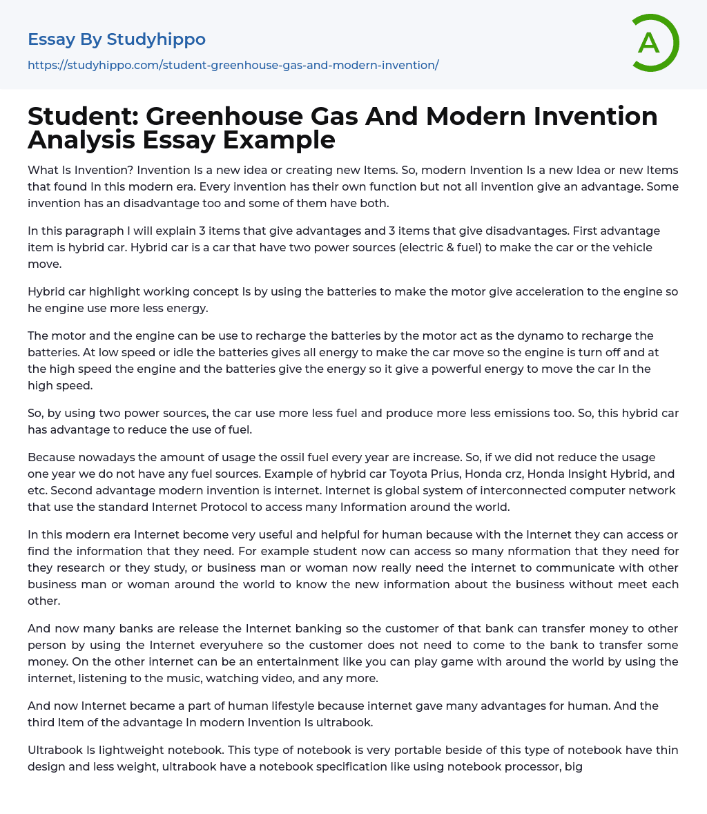 Student: Greenhouse Gas And Modern Invention Analysis Essay Example