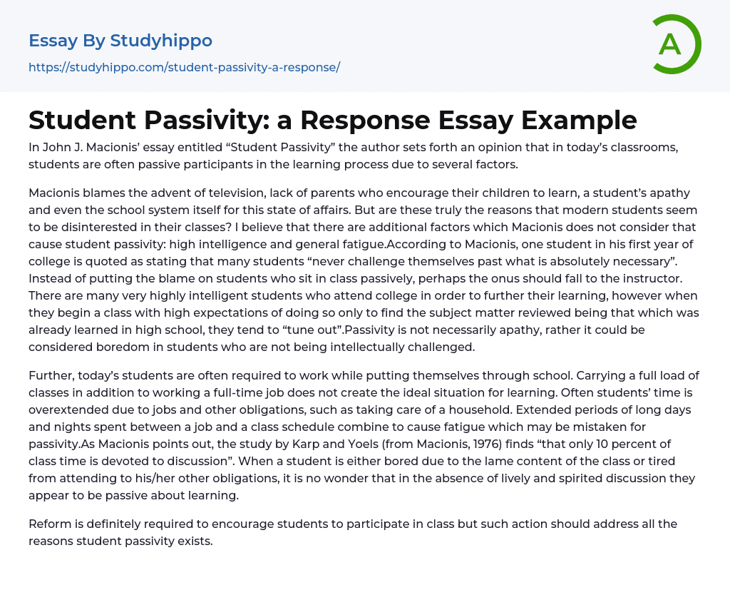 Student Passivity: a Response Essay Example