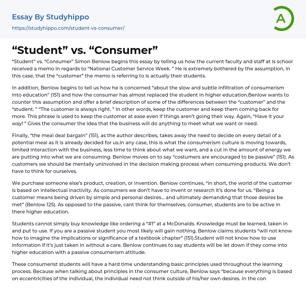 “Student” vs. “Consumer” Essay Example