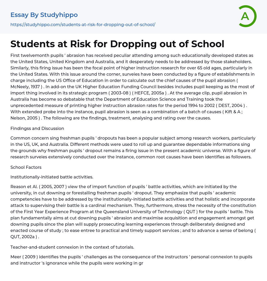 Students at Risk for Dropping out of School Essay Example