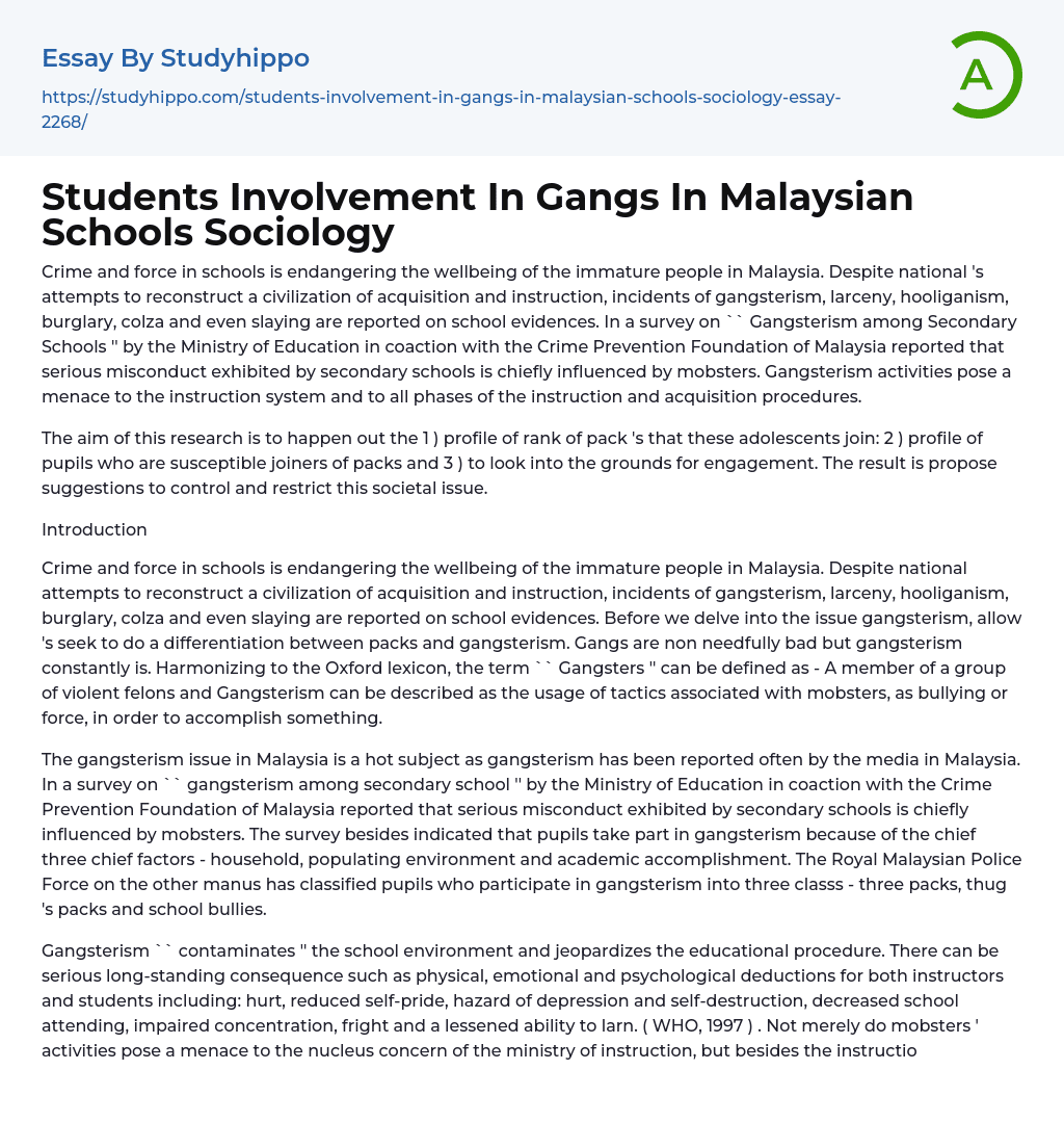 Students Involvement In Gangs In Malaysian Schools Sociology Essay Example