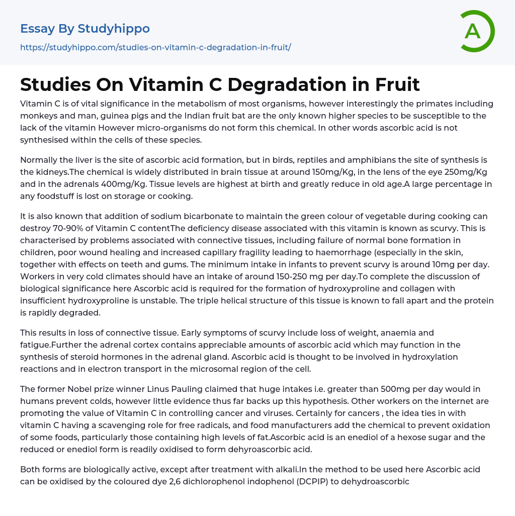 Studies On Vitamin C Degradation in Fruit Essay Example