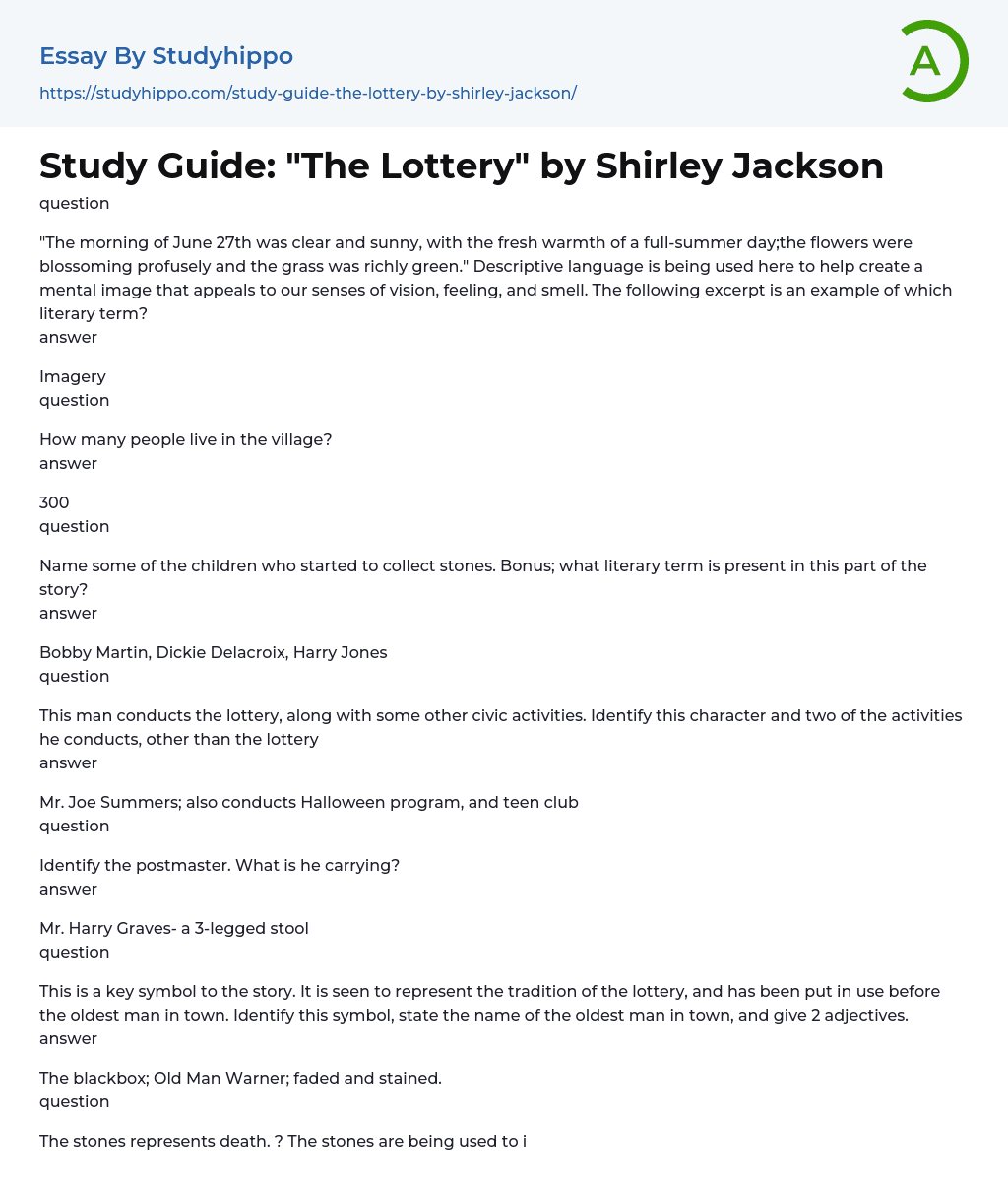 Study Guide: "The Lottery" by Shirley Jackson Essay Example