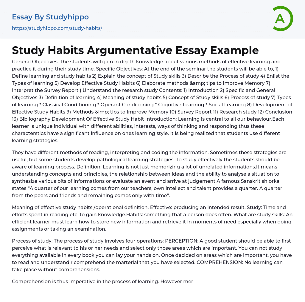 Study Habits Argumentative Essay Example