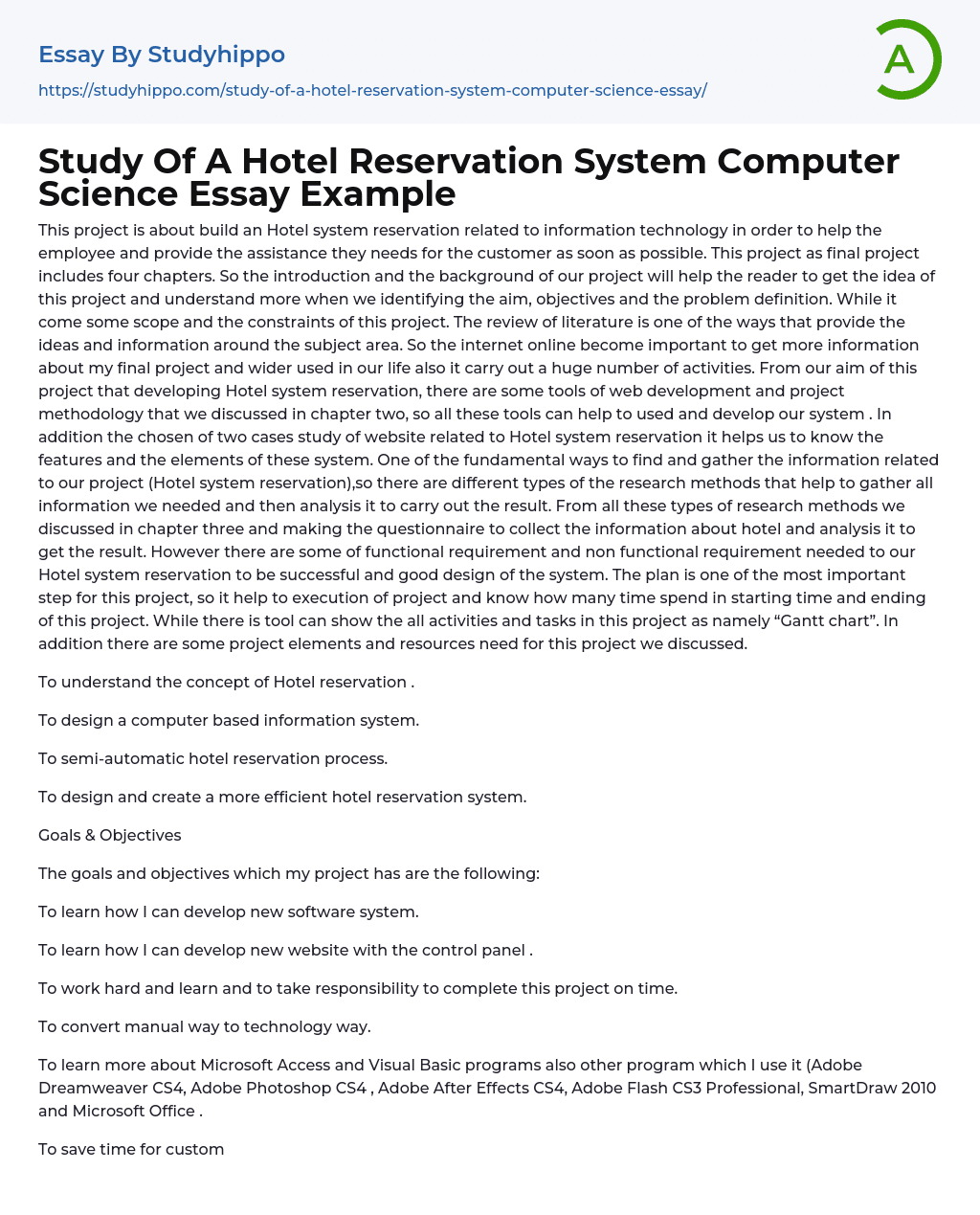 Study Of A Hotel Reservation System Computer Science Essay Example