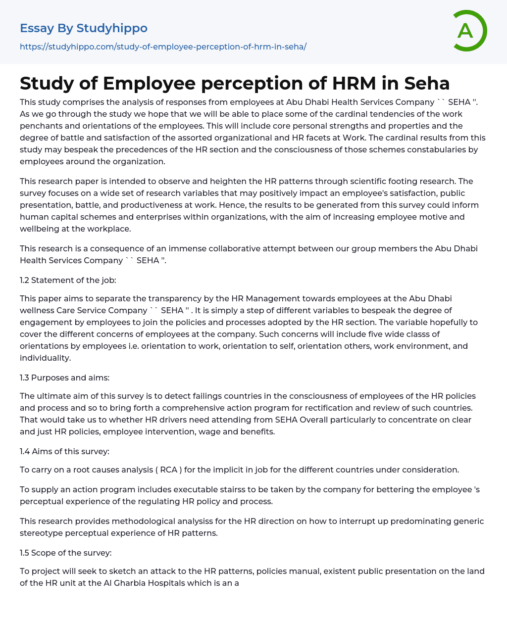 Study of Employee perception of HRM in Seha Essay Example