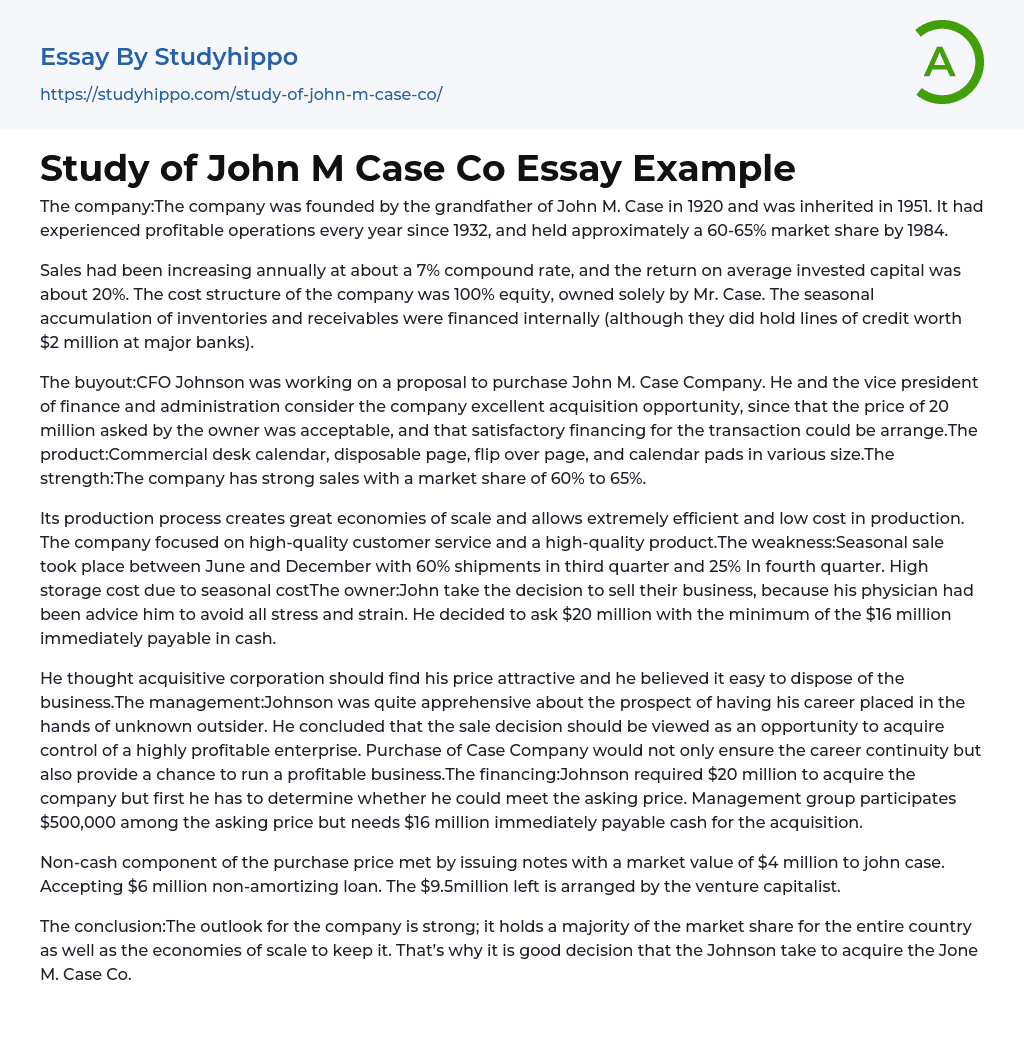 Study of John M Case Co Essay Example