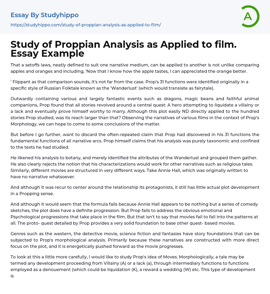 Study of Proppian Analysis as Applied to film. Essay Example