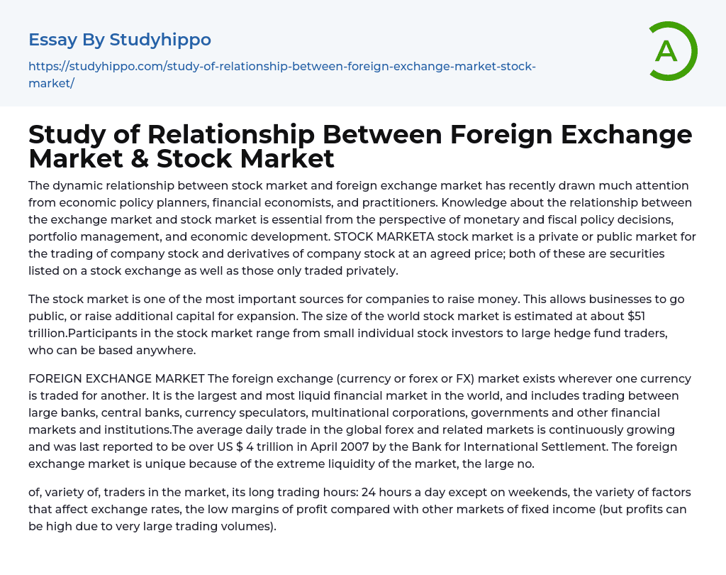 Study of Relationship Between Foreign Exchange Market & Stock Market Essay Example