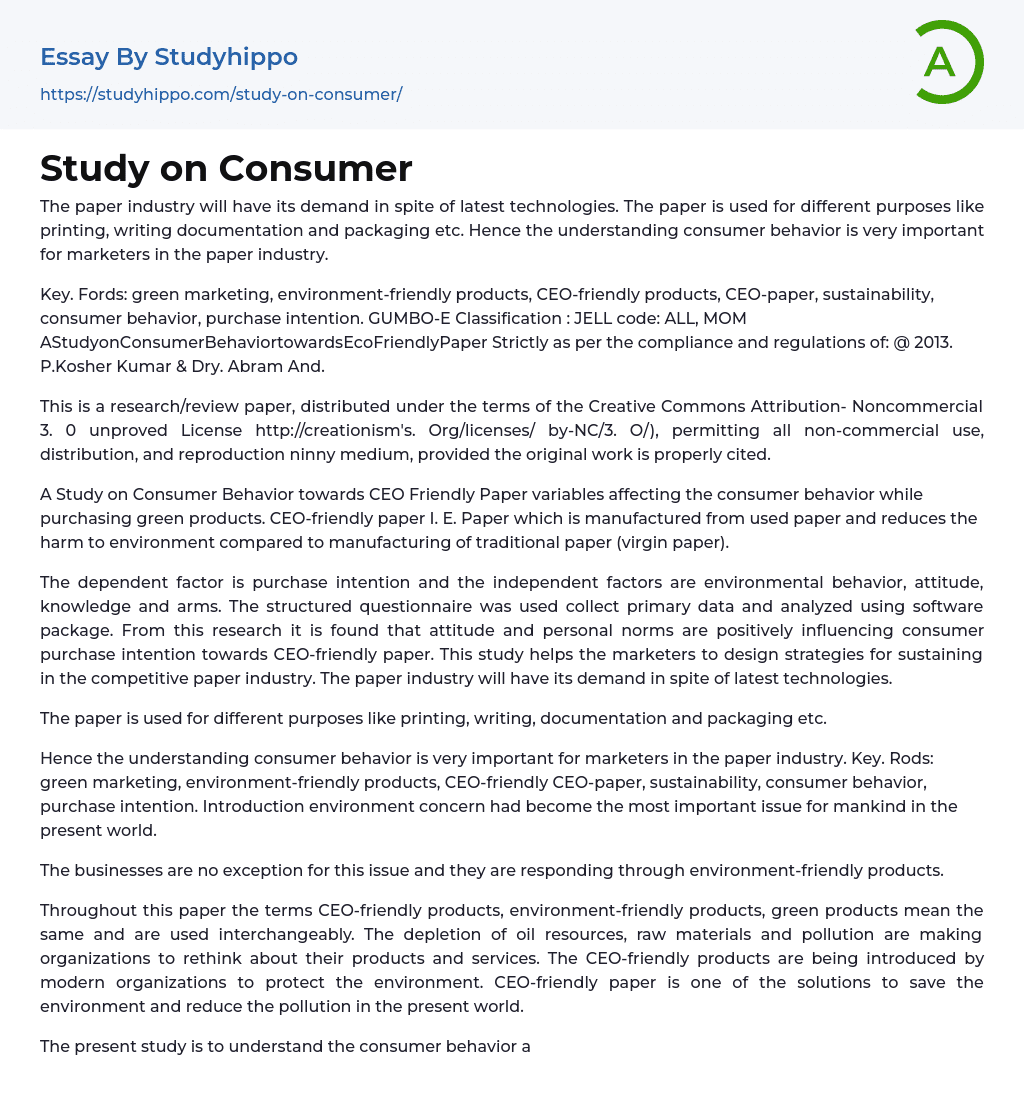 Study on Consumer Essay Example
