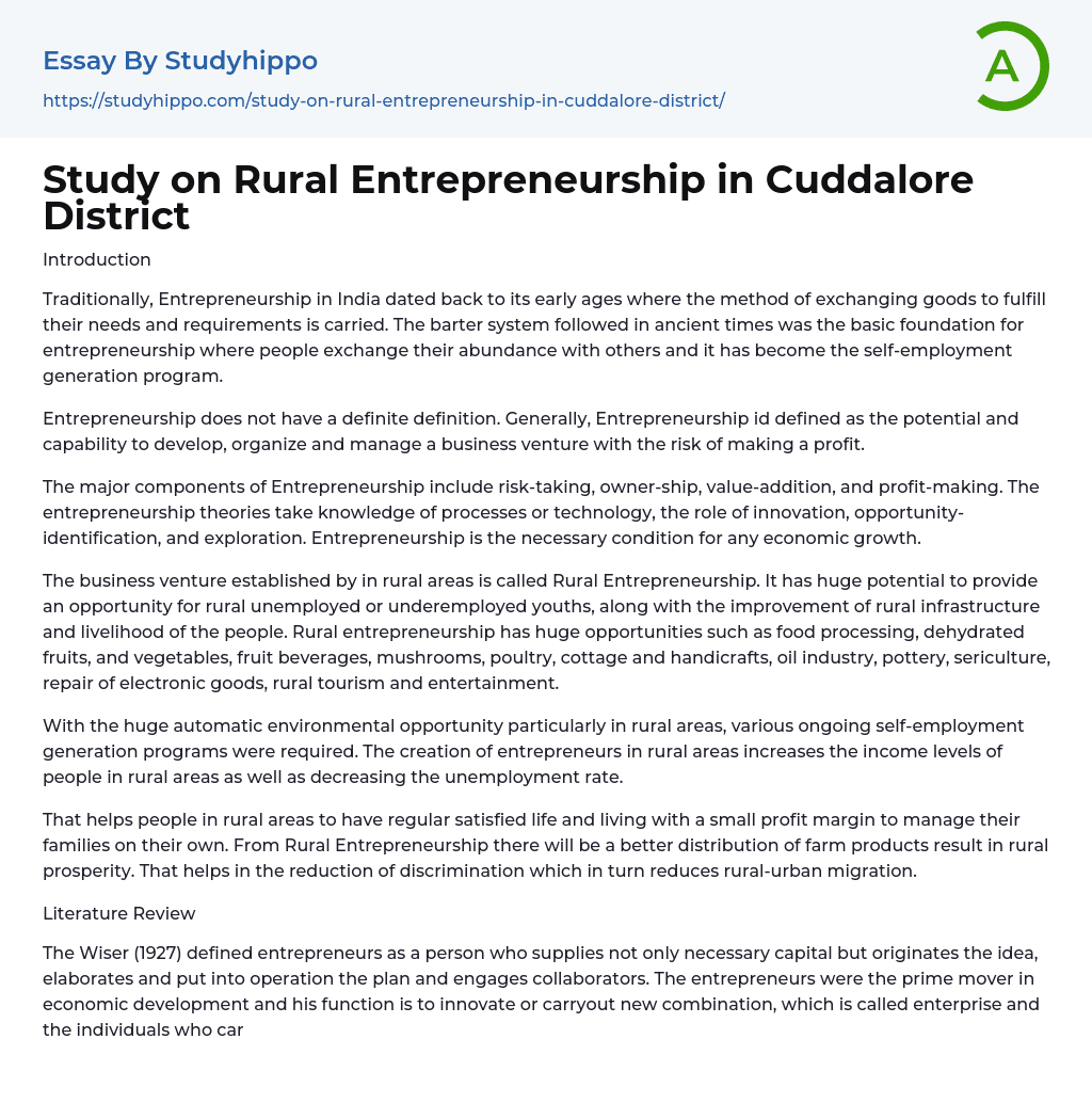 Study on Rural Entrepreneurship in Cuddalore District Essay Example