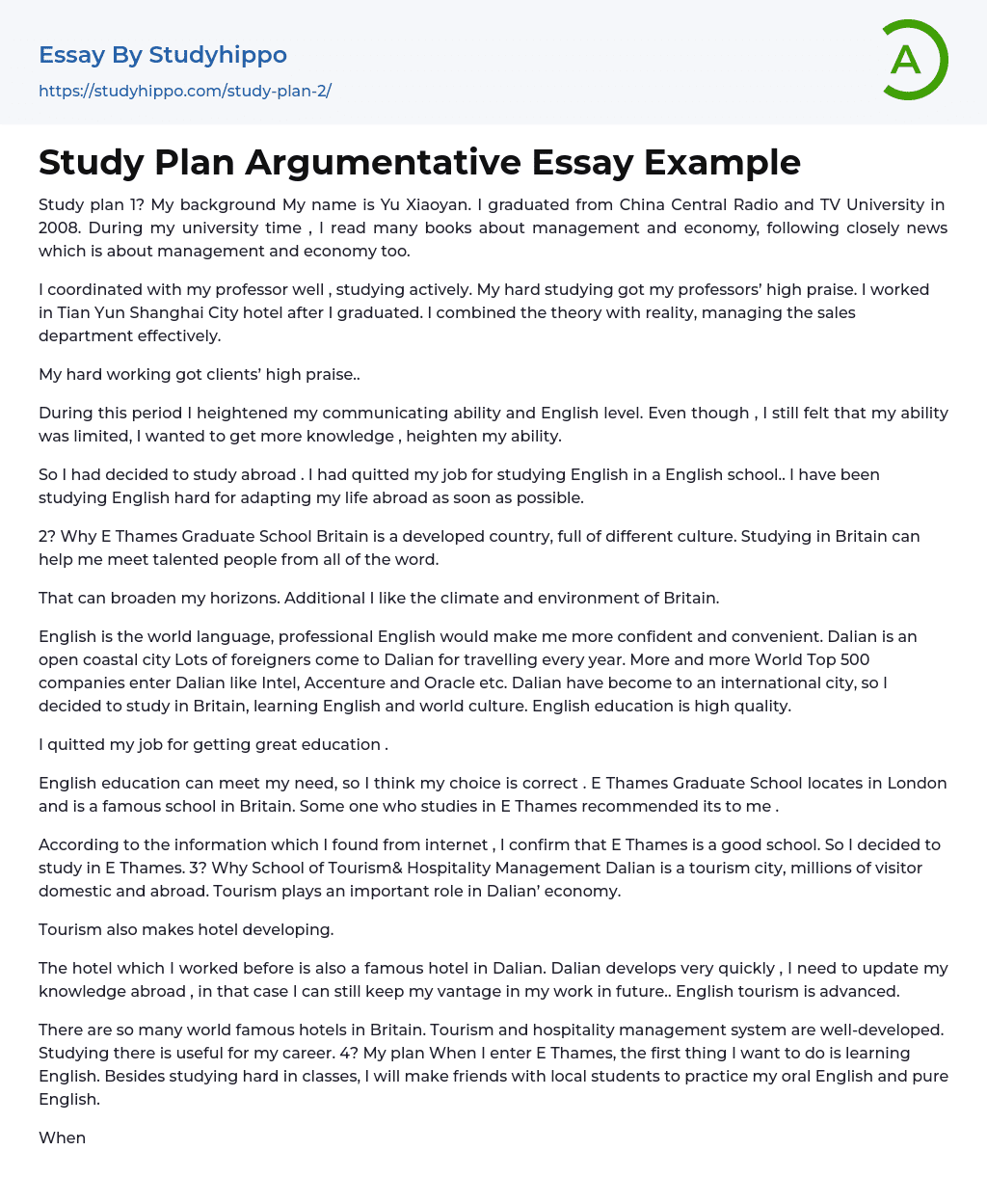 Study Plan Argumentative Essay Example