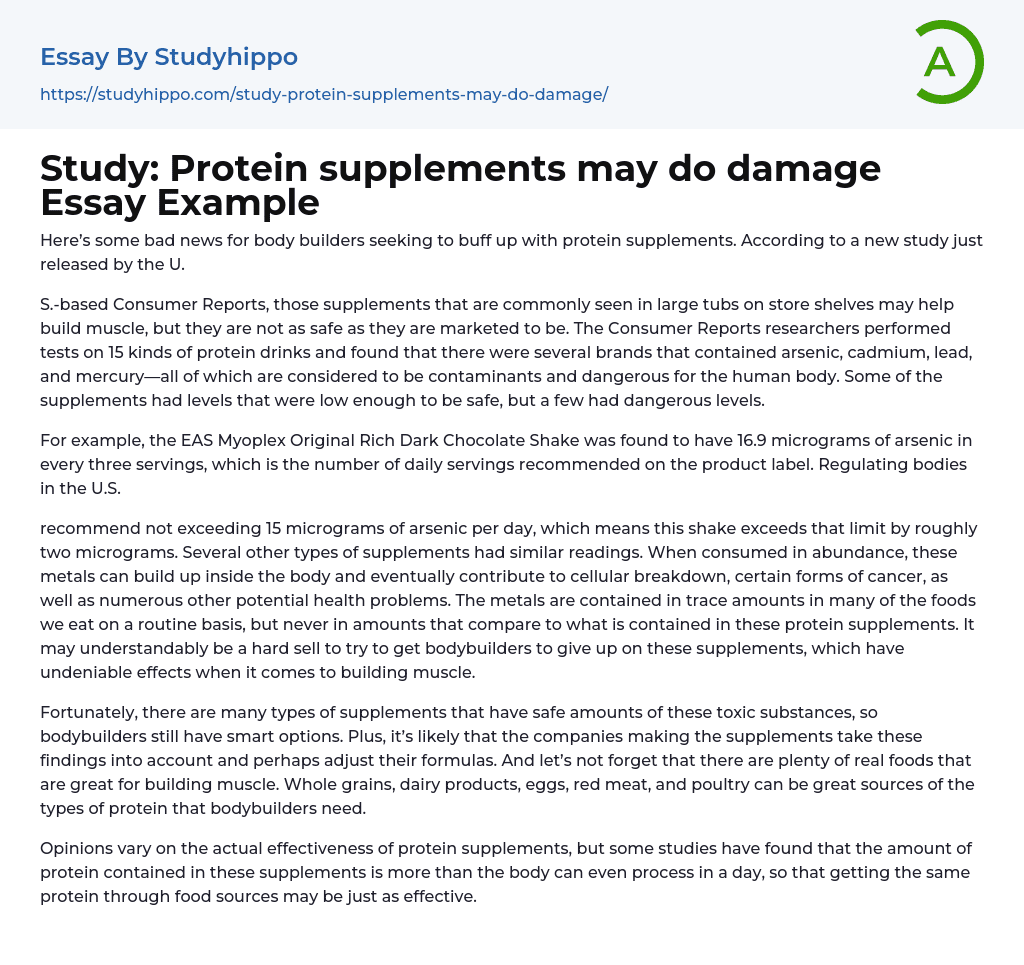 Study: Protein supplements may do damage Essay Example