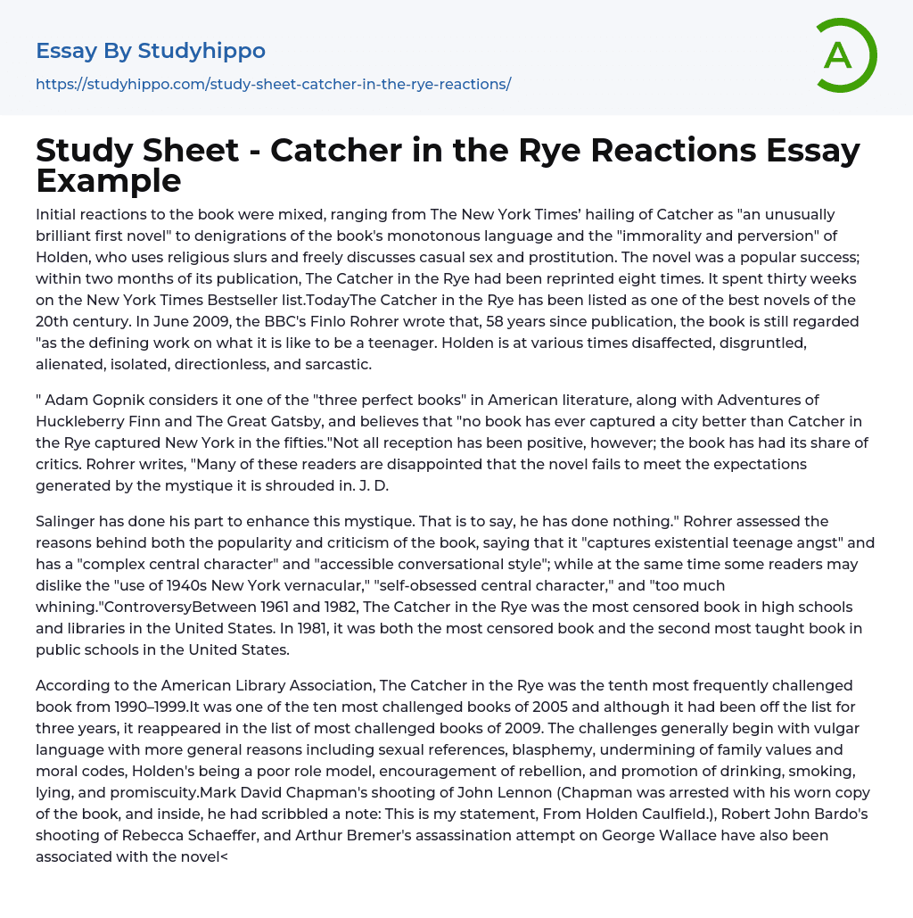 Study Sheet – Catcher in the Rye Reactions Essay Example