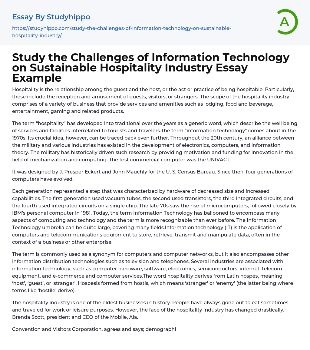 Study the Challenges of Information Technology on Sustainable Hospitality Industry Essay Example