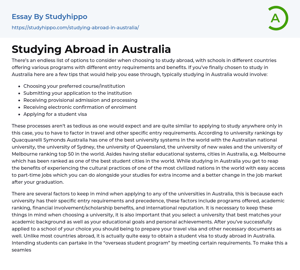 Studying Abroad in Australia Essay Example