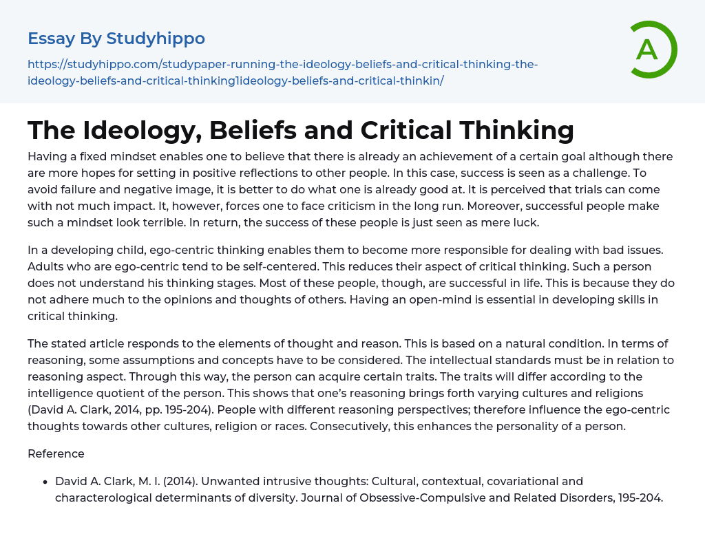 The Ideology, Beliefs and Critical Thinking Essay Example
