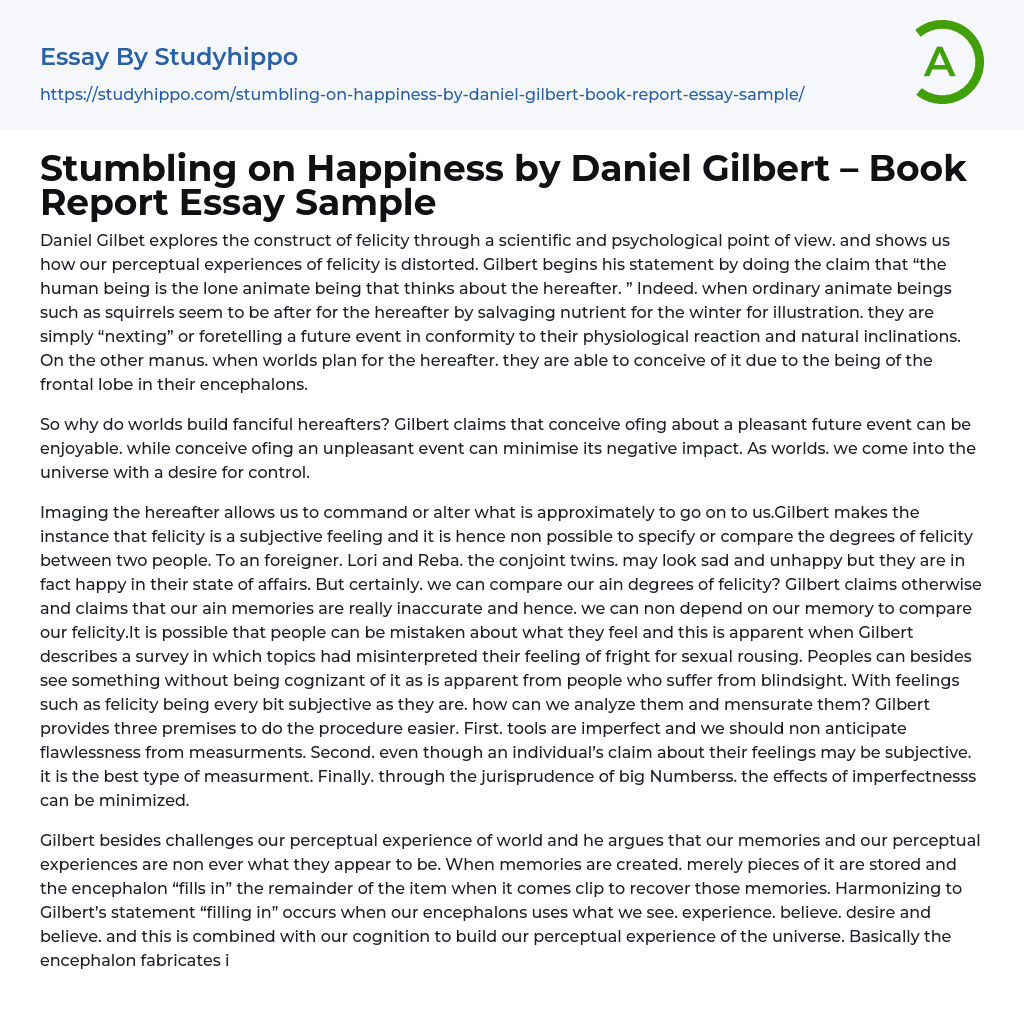 Stumbling on Happiness by Daniel Gilbert – Book Report Essay Sample